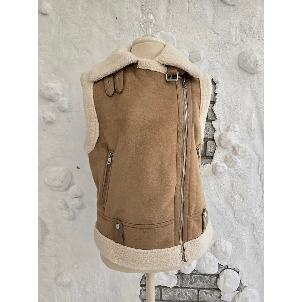 Vero Moda Tan Faux Shearling Aviator Vest VMVEGA Moto Waistcoat Small